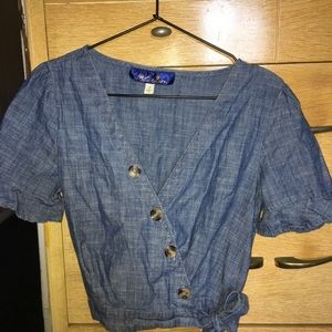 CUTE DENIM BUTTOM UP WRAP CROP TOP